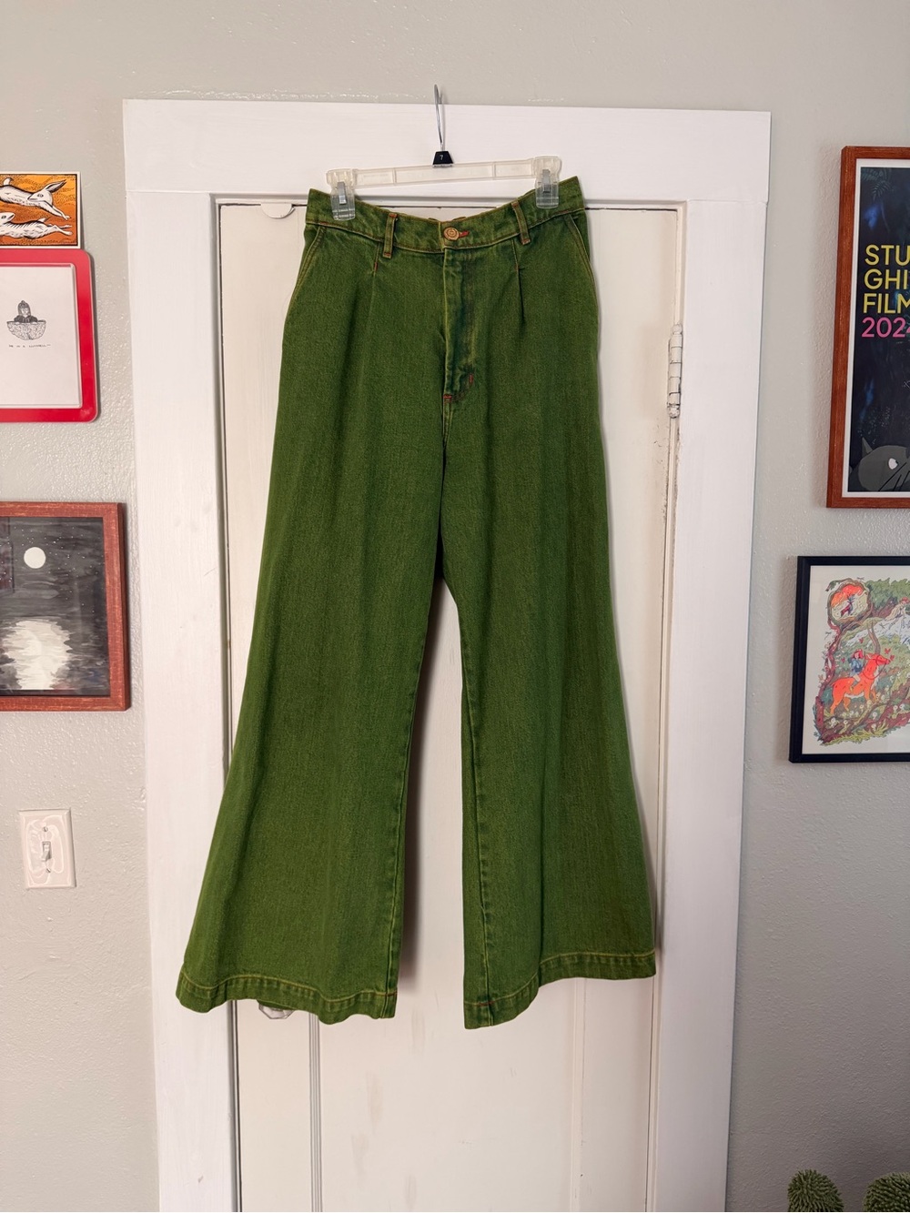 Rare Big Bud Press Overdyed Green Denim Wide Leg Trousers, Small